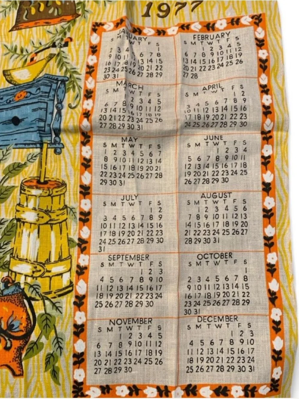 NOS Vintage 1977 Yellow Kitchen Calendar Tea Towel